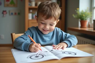 Garçon de 3 ans coloriant un dessin de moto à la maison