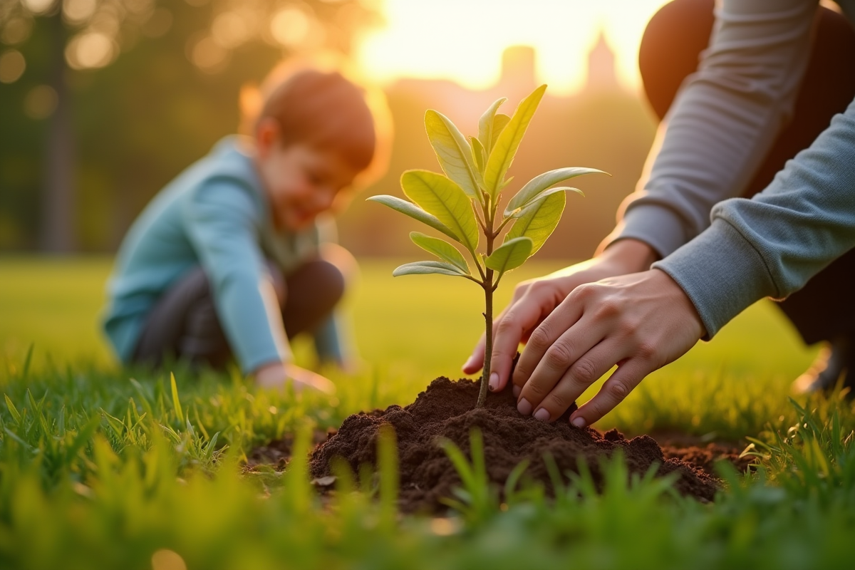 Enfant et adulte plantant un arbre dans un parc ensoleille