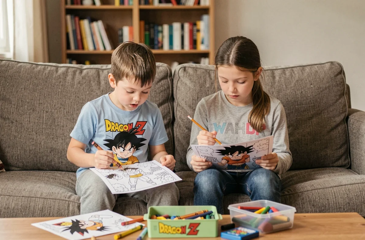 Deux enfants d'âges différents coloriant des dessins Dragon Ball Z ensemble sur un canapé