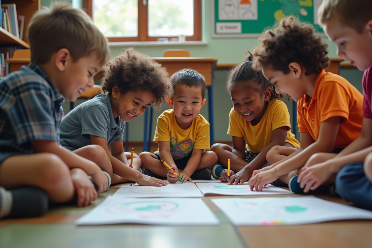 Enfants d école partageant des dessins dans une classe