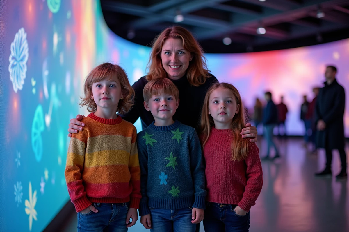 Enfants émerveillés devant une installation lumineuse interactive dans un musée de Lyon en soirée