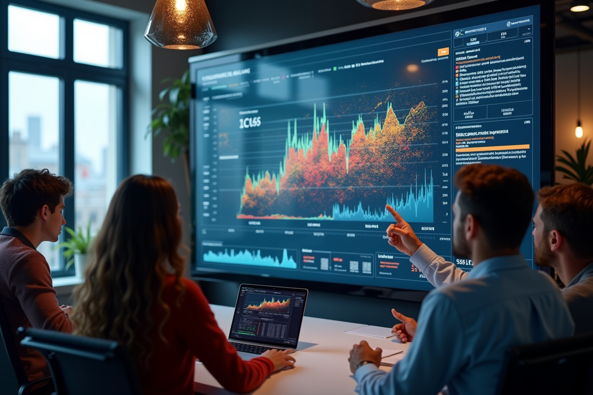 Equipe discutant autour d un grand écran avec graphiques d analyse IA