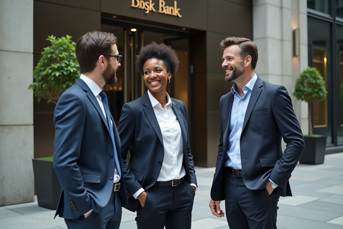 Groupe professionnel en extérieur devant banque