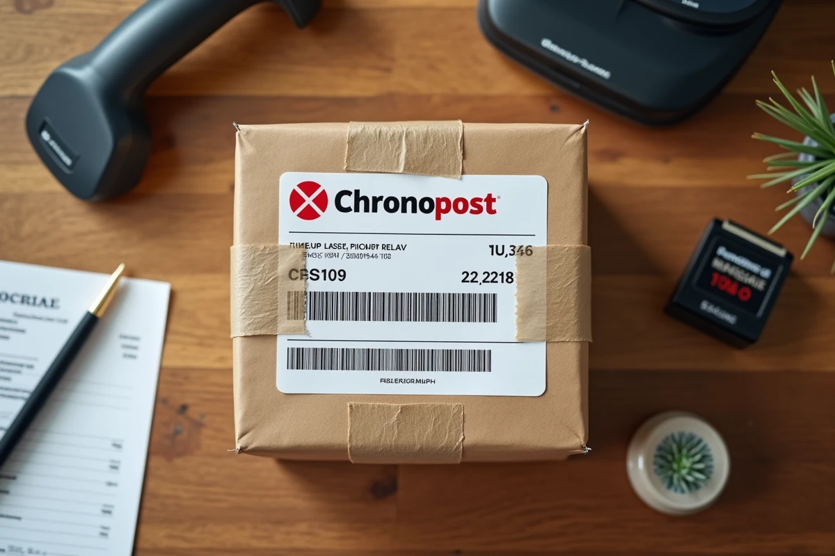 Gros plan sur un colis Chronopost avec étiquette d'envoi sur le comptoir d'un point relais Pickup