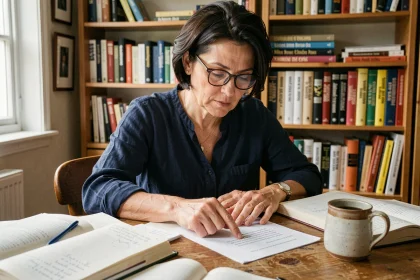 Femme adulte étudiant les constructions grammaticales du français avec des livres et des fiches de grammaire sur un bureau en bois