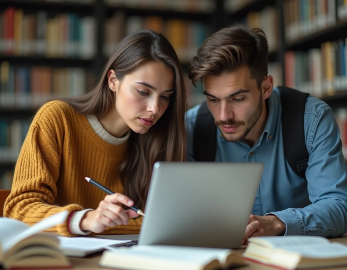 Deux étudiants consultant un ordinateur portable en bibliothèque pour trouver des scans de manhwa légaux
