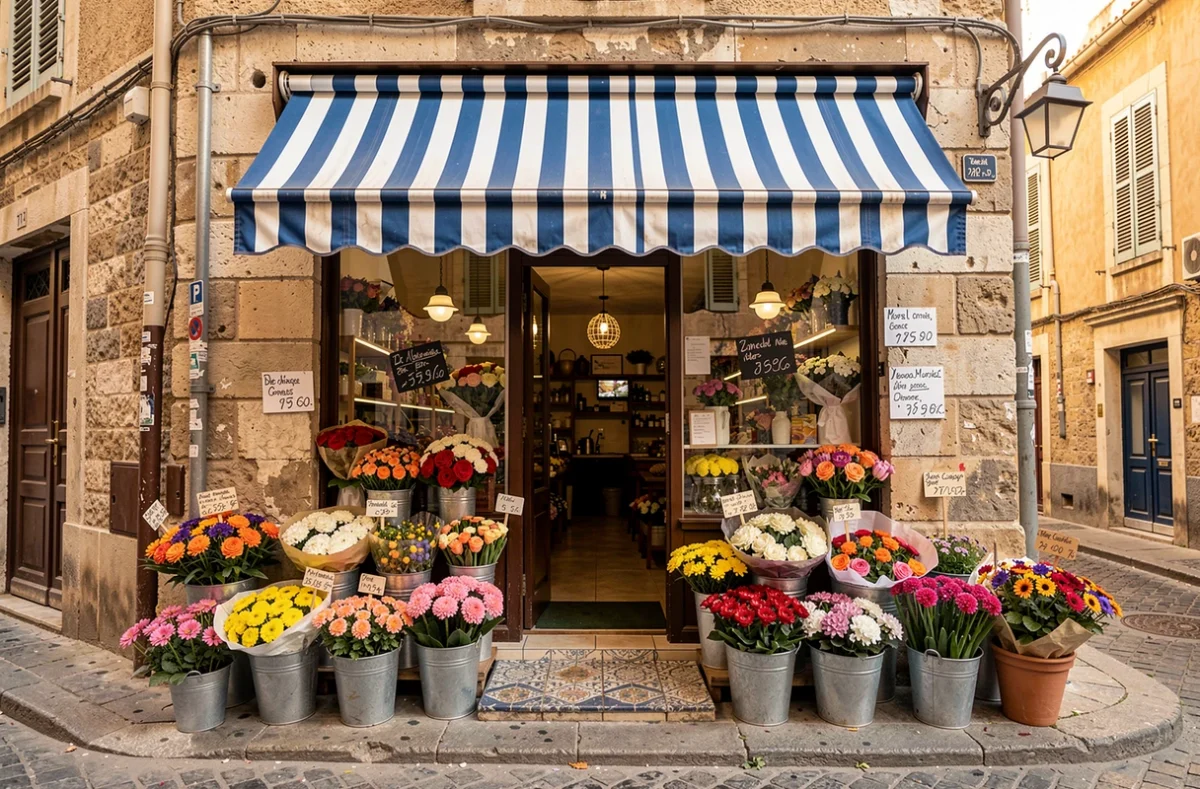 Façade d'une boutique de fleuriste traditionnelle dans le centre-ville de Marseille avec fleurs en devanture