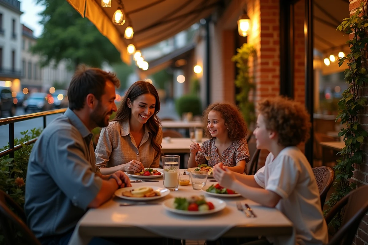 Famille dînant en terrasse dans un bouchon lyonnais le soir, ambiance conviviale et authentique