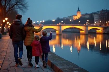 Famille se promenant le soir au bord du Rhône à Lyon avec enfants, reflets lumineux sur l'eau