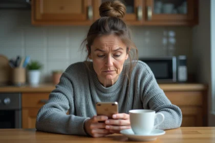 Femme regardant son téléphone avec une expression inquiète face à un numéro de téléphone suspect
