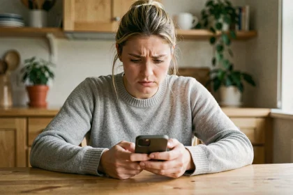 Femme anxieuse regardant son téléphone en attendant un message d'un narcissique silencieux