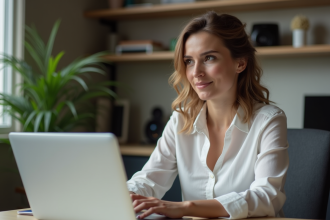 Femme en blouse dans un bureau moderne et lumineux