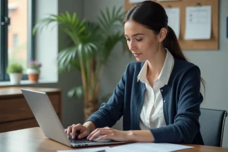 Femme professionnelle tapant des dates sur un ordinateur dans un bureau moderne