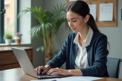 Femme professionnelle tapant des dates sur un ordinateur dans un bureau moderne