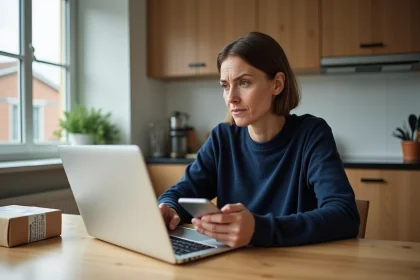 Femme d'&acirc;ge moyen en cuisine regardant son ordinateur