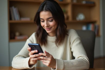 Femme comparant un ancien smartphone Samsung à un nouveau modèle Galaxy pour choisir le meilleur rapport qualité prix