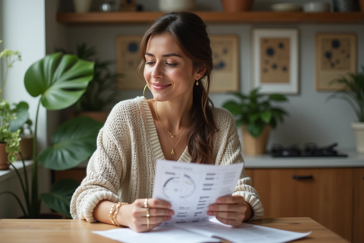 Jeune femme lisant un rapport zodiacal chez elle