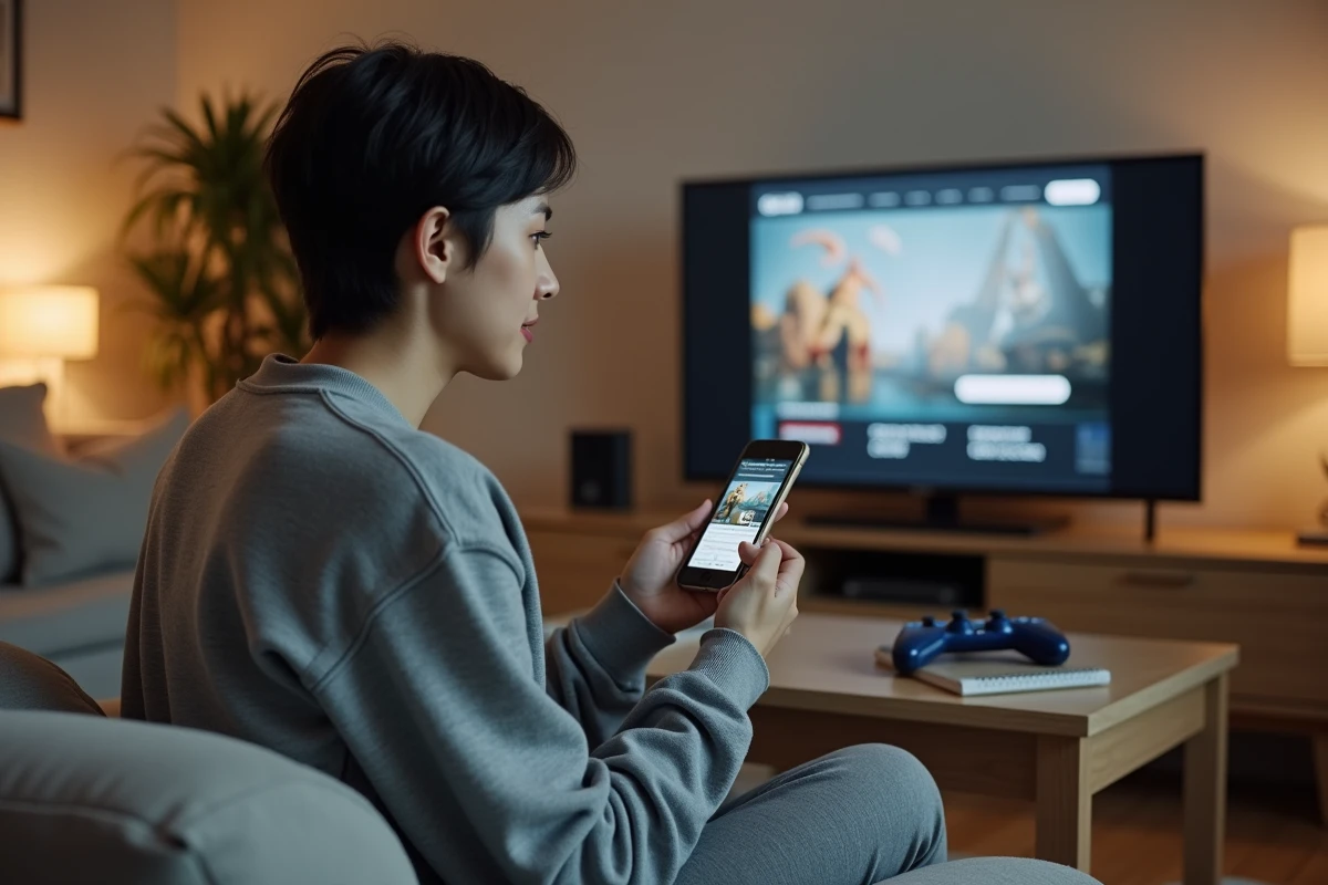 Femme consultant des fuites et informations sur GTA 6 sur son smartphone dans son salon
