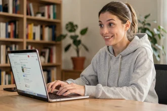 Jeune femme surprise devant son ordinateur portable en train de découvrir l'animation Do a Barrel Roll sur Google