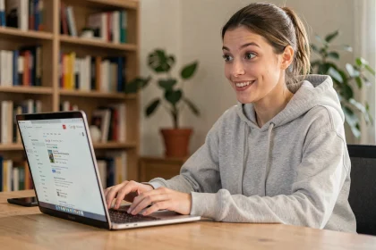 Jeune femme surprise devant son ordinateur portable en train de découvrir l'animation Do a Barrel Roll sur Google