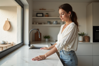 Femme touchant un plan de travail Dekton moderne et lisse