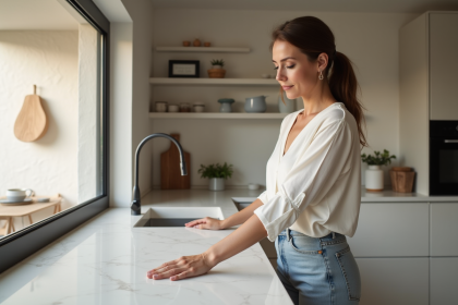 Femme touchant un plan de travail Dekton moderne et lisse