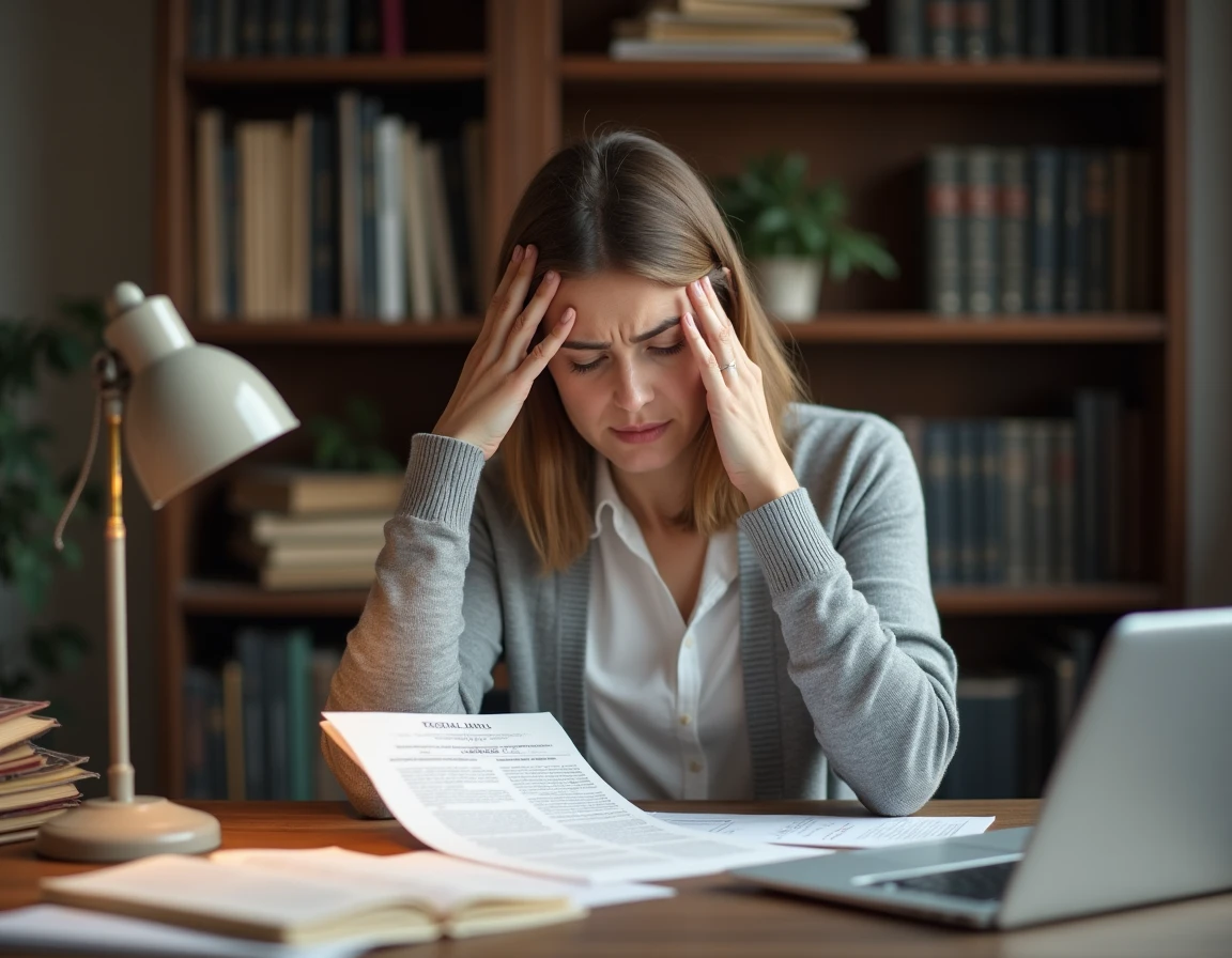 Femme stressée examinant des documents juridiques d'huissier à son bureau à domicile