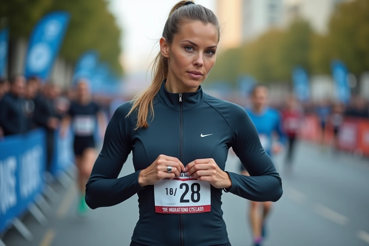 Femme épinglant un dossard de semi-marathon avec distances en kilomètres et miles avant une course officielle