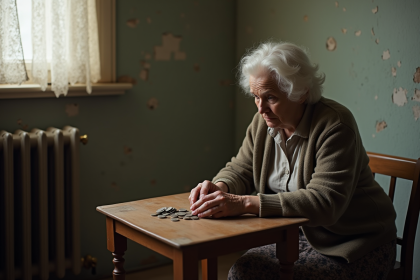Femme âgée comptant des pièces dans son appartement