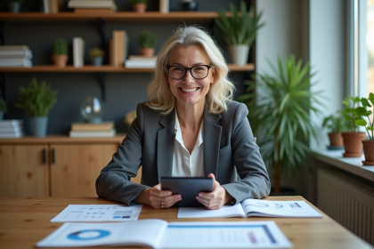 Femme d'âge moyen en blazer regardant un tableau numérique sur l'éthique de l'IA