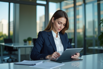 Jeune femme en bureau moderne avec tablette fintech