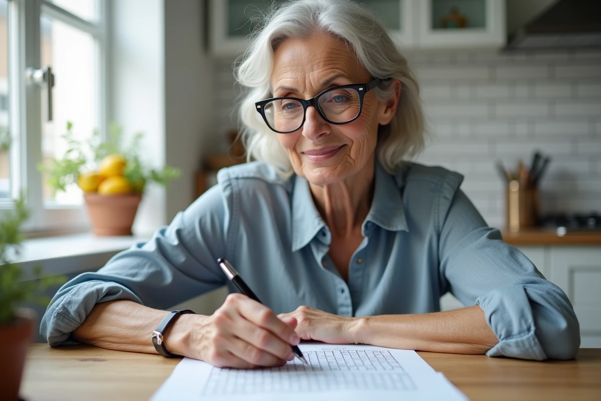 Femme française d'âge moyen concentrée sur une grille de mots croisés avec des villes italiennes à sa table de cuisine
