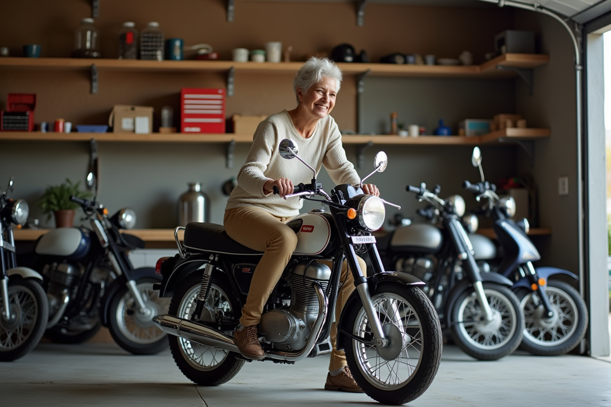 Femme dans son garage avec motos Dax vintage et outils