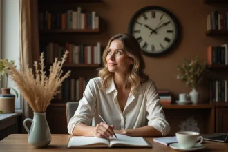 Femme contemplative regardant une horloge affichant 14h14, symbole de l'ange gardien et des heures miroirs