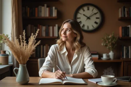 Femme contemplative regardant une horloge affichant 14h14, symbole de l'ange gardien et des heures miroirs