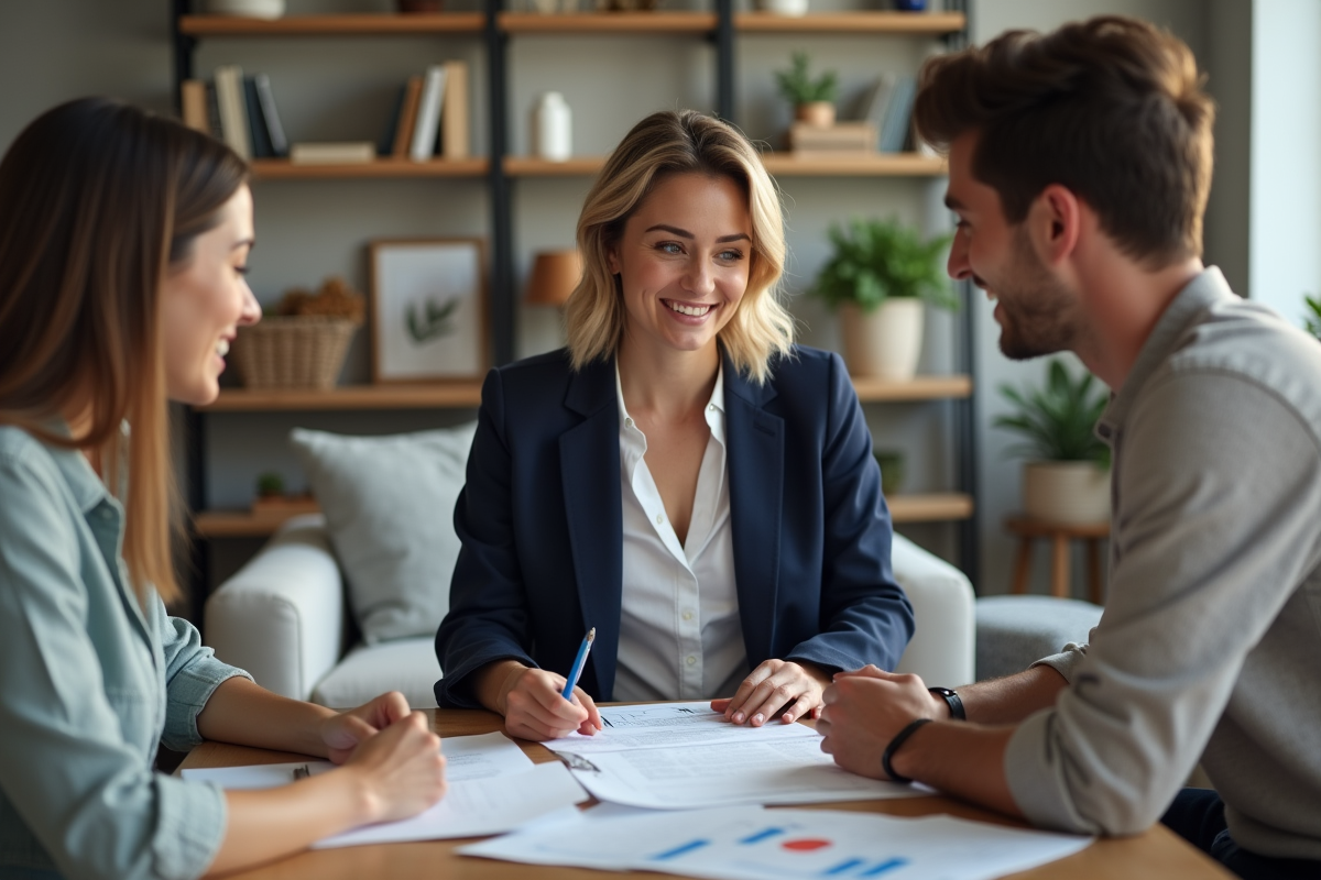 Femme souriante examine des documents avec un couple dans un salon