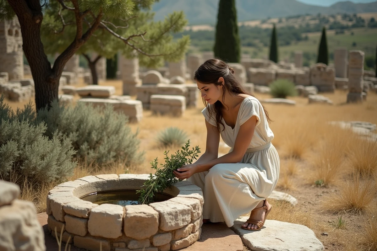 Jeune femme déposant des branches de laurier près d'un puits de pierre antique dans un site archéologique grec entouré de cyprès
