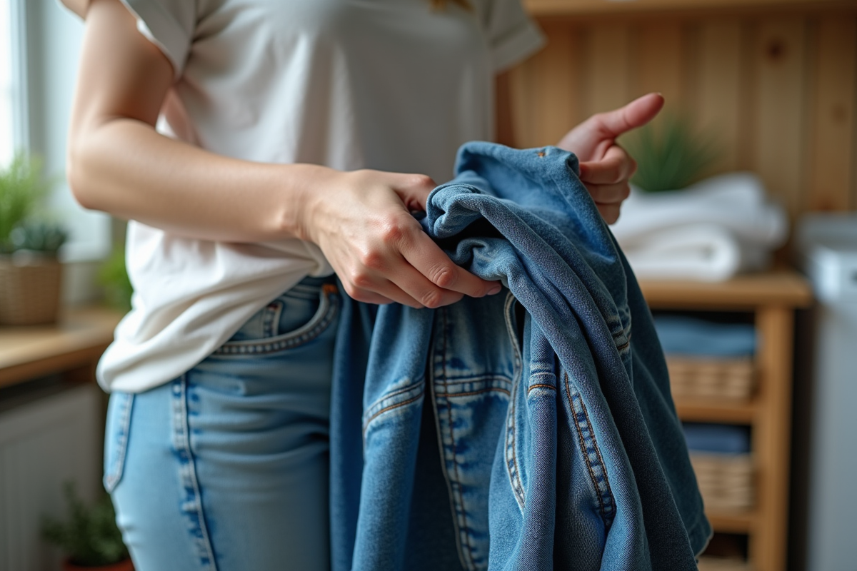 Femme ployant un jean usé dans une buanderie lumineuse