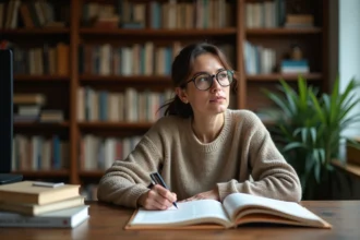 Femme concentrée lisant dans une bibliothèque chaleureuse