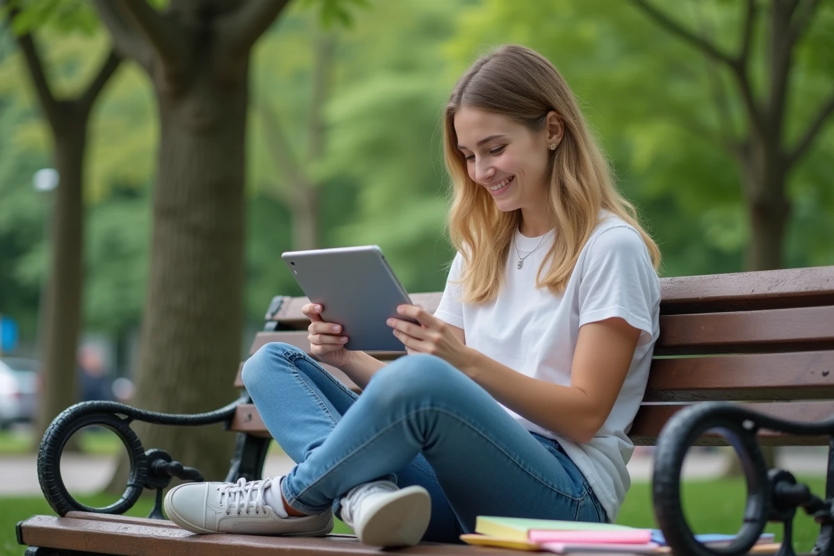 Femme lisant une tablette dans un parc avec guides et notes