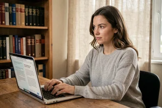 Femme utilisant un outil de comptage d'emots bilingue français-anglais sur un ordinateur portable dans un bureau cosy