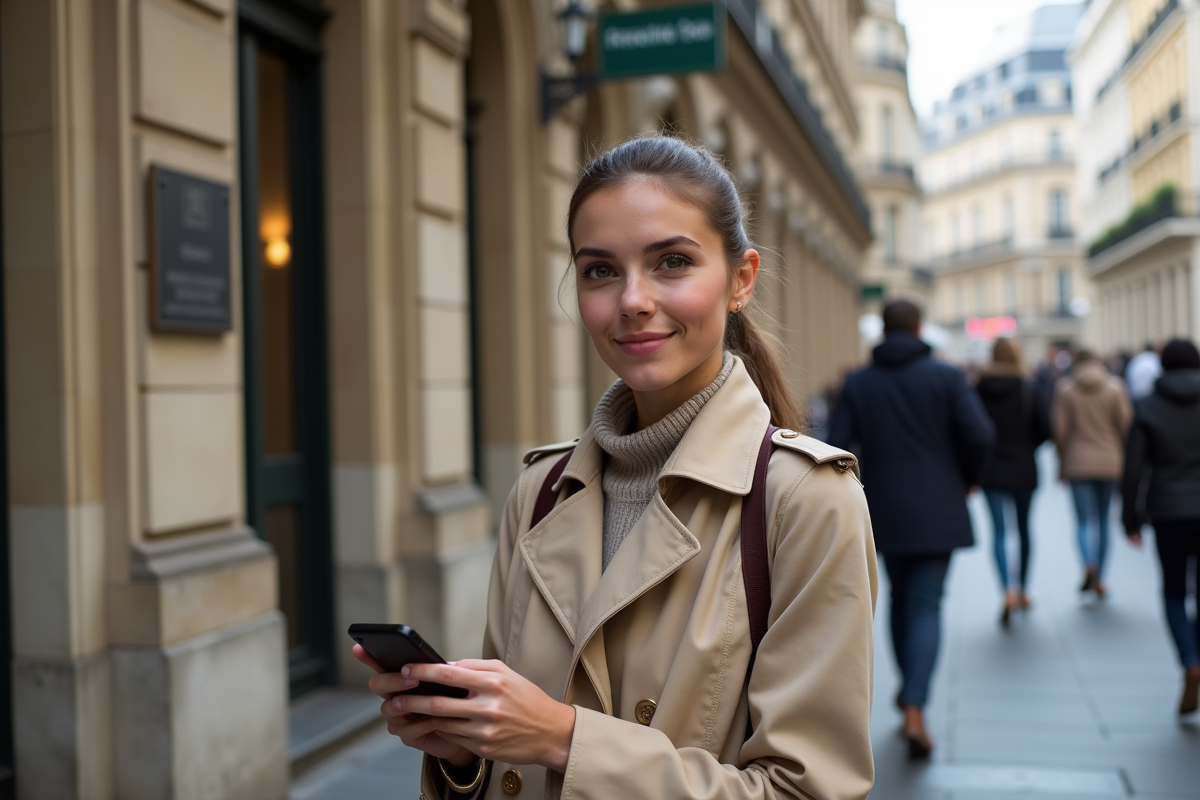 Jeune femme avec trench devant une banque parisienne