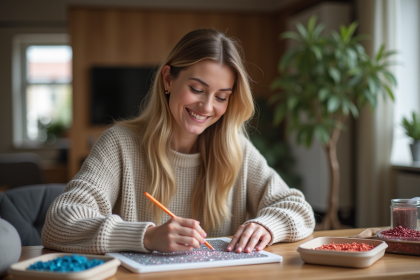 Femme souriante réalisant un diamant peinture à domicile