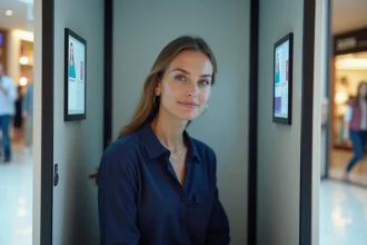 Femme utilisant un photomaton en centre commercial pour réaliser des photos d'identité à prix réduit