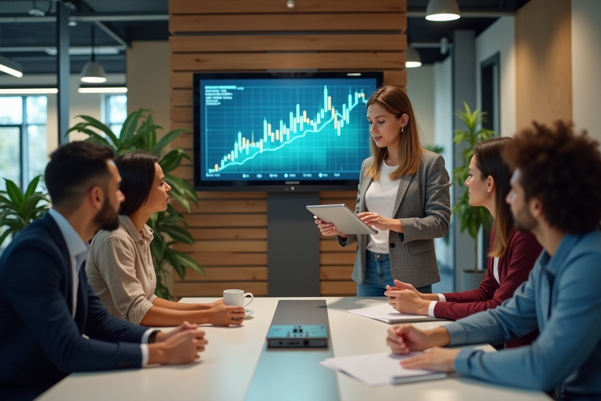 Jeune femme expliquant un graphique financier à un groupe
