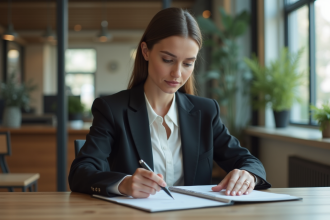Femme d affaires en costume dans un bureau moderne