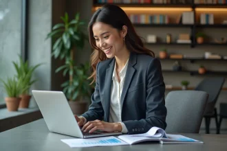 Femme professionnelle au bureau avec ordinateur et tablette