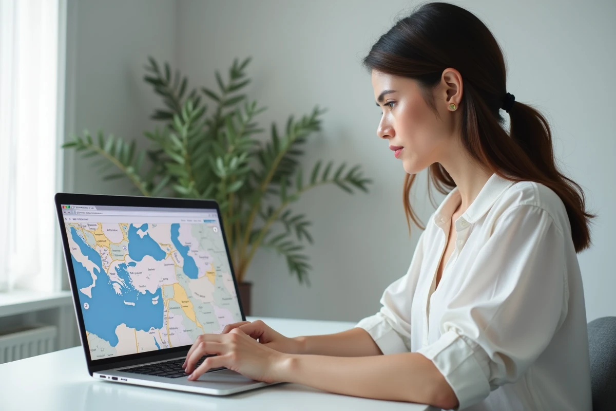 Jeune femme consultant un site web sur les indicatifs téléphoniques internationaux avec la Grèce mise en évidence sur une carte numérique