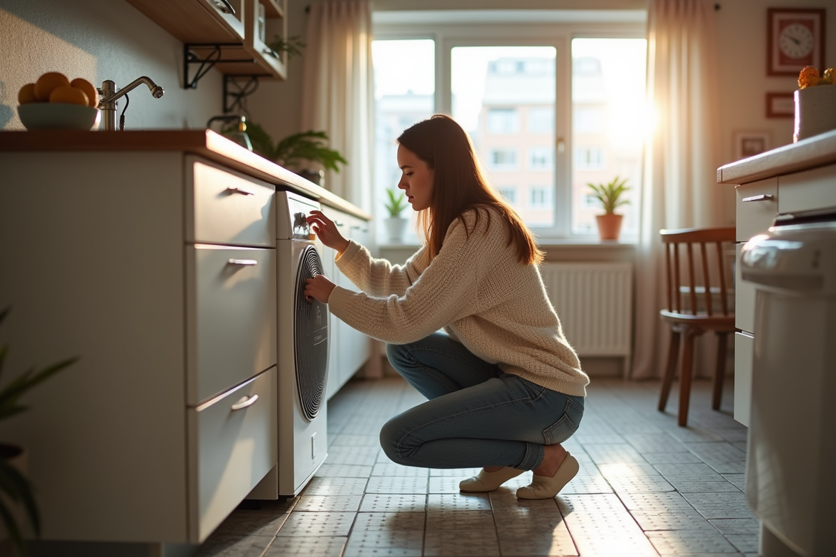 Jeune femme ajustant une pompe à chaleur dans la cuisine