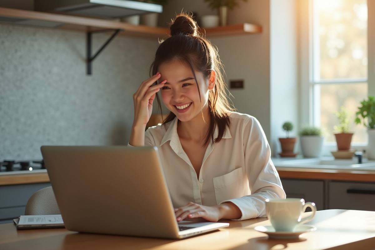 Jeune femme souriante vérifiant son compte bancaire le matin